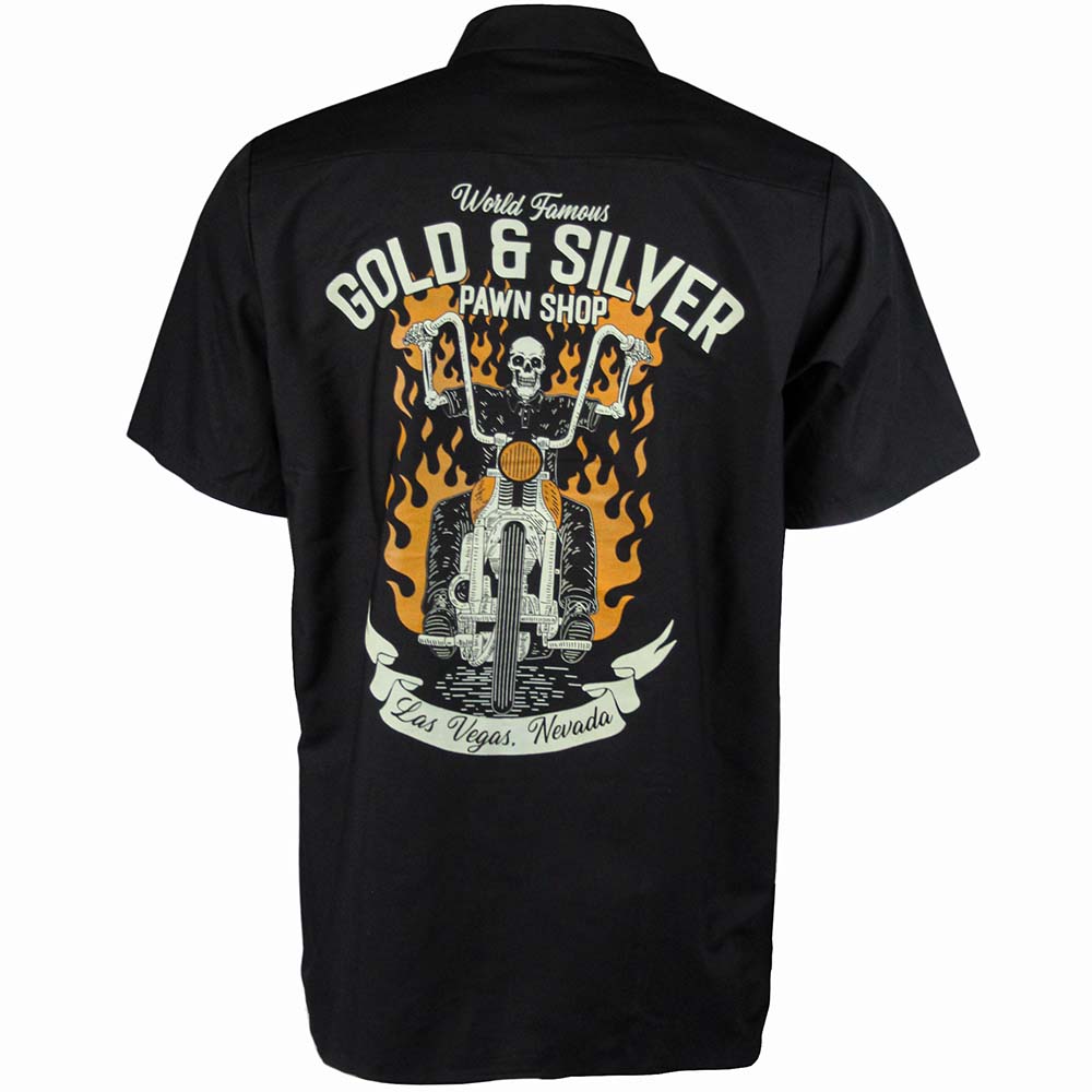 Gold & Silver Pawn Shop Collard Button Up Skeleton On Motorcycle T-Shirt Thumbnail
