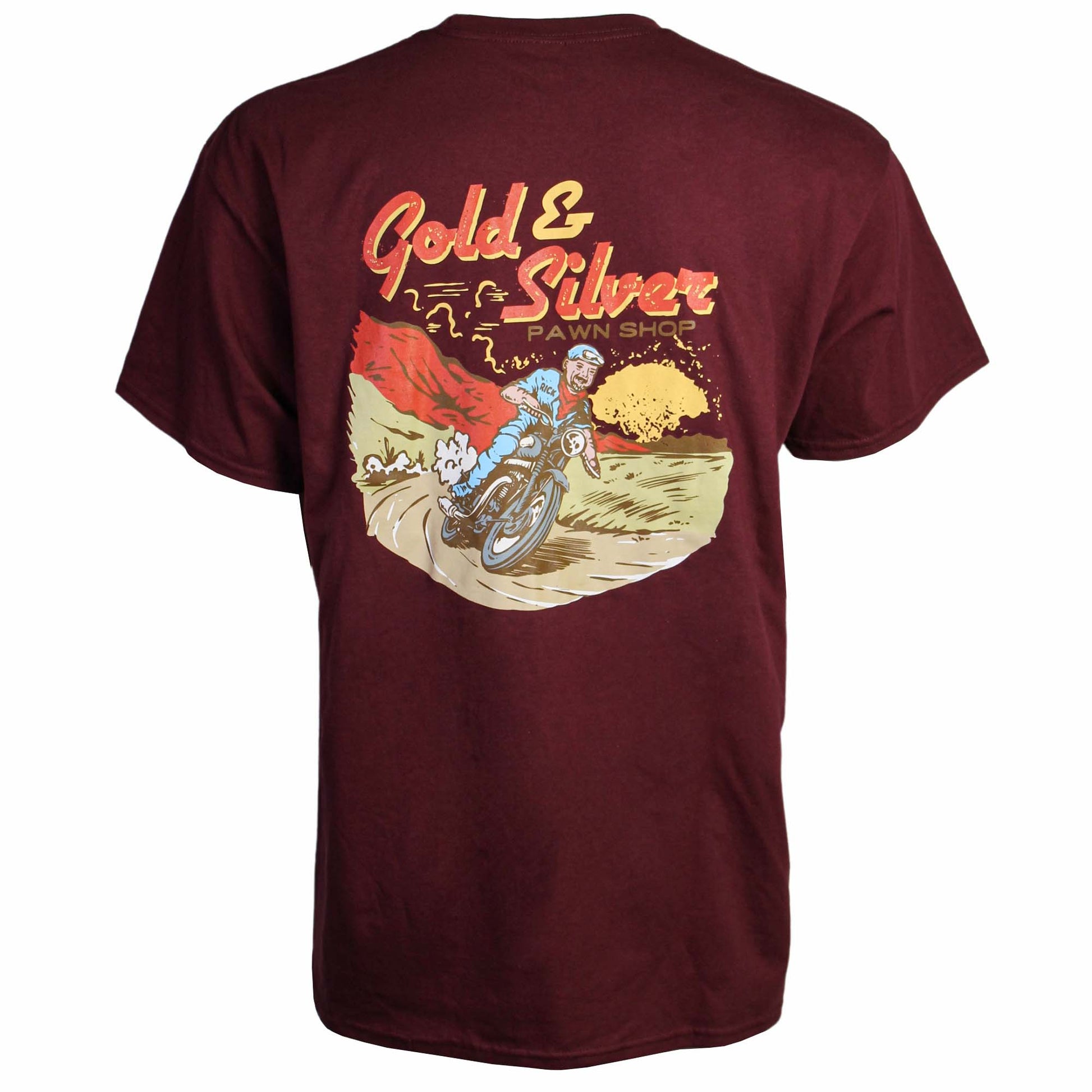 Gold & Silver Pawn Shop Rick On Motorcycle Round Neck T-Shirt Maroon