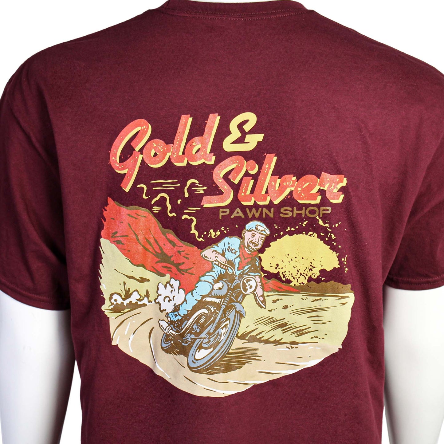 Gold & Silver Pawn Shop Rick On Motorcycle Round Neck T-Shirt Back