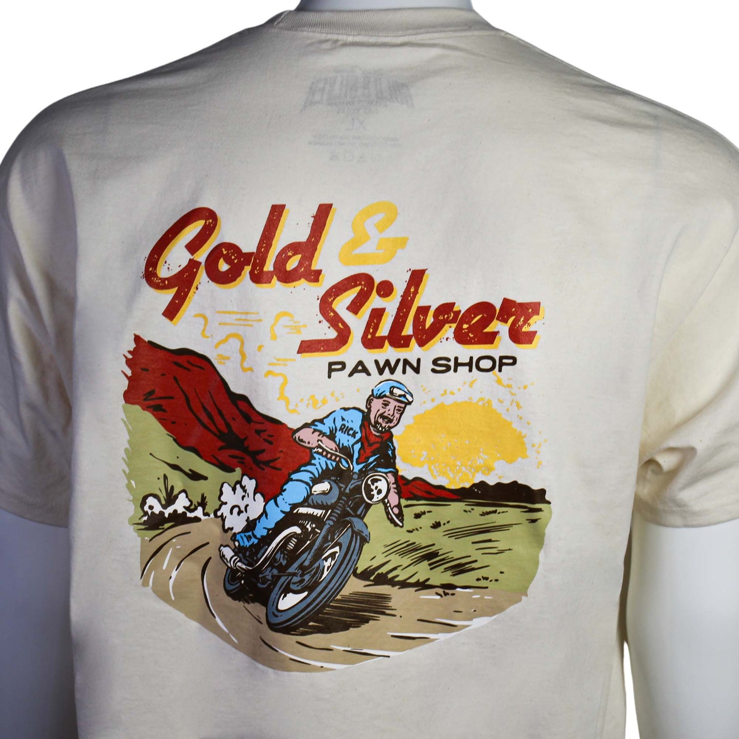 Gold & Silver Pawn Shop Rick On Motorcycle Round Neck T-Shirt Reverse