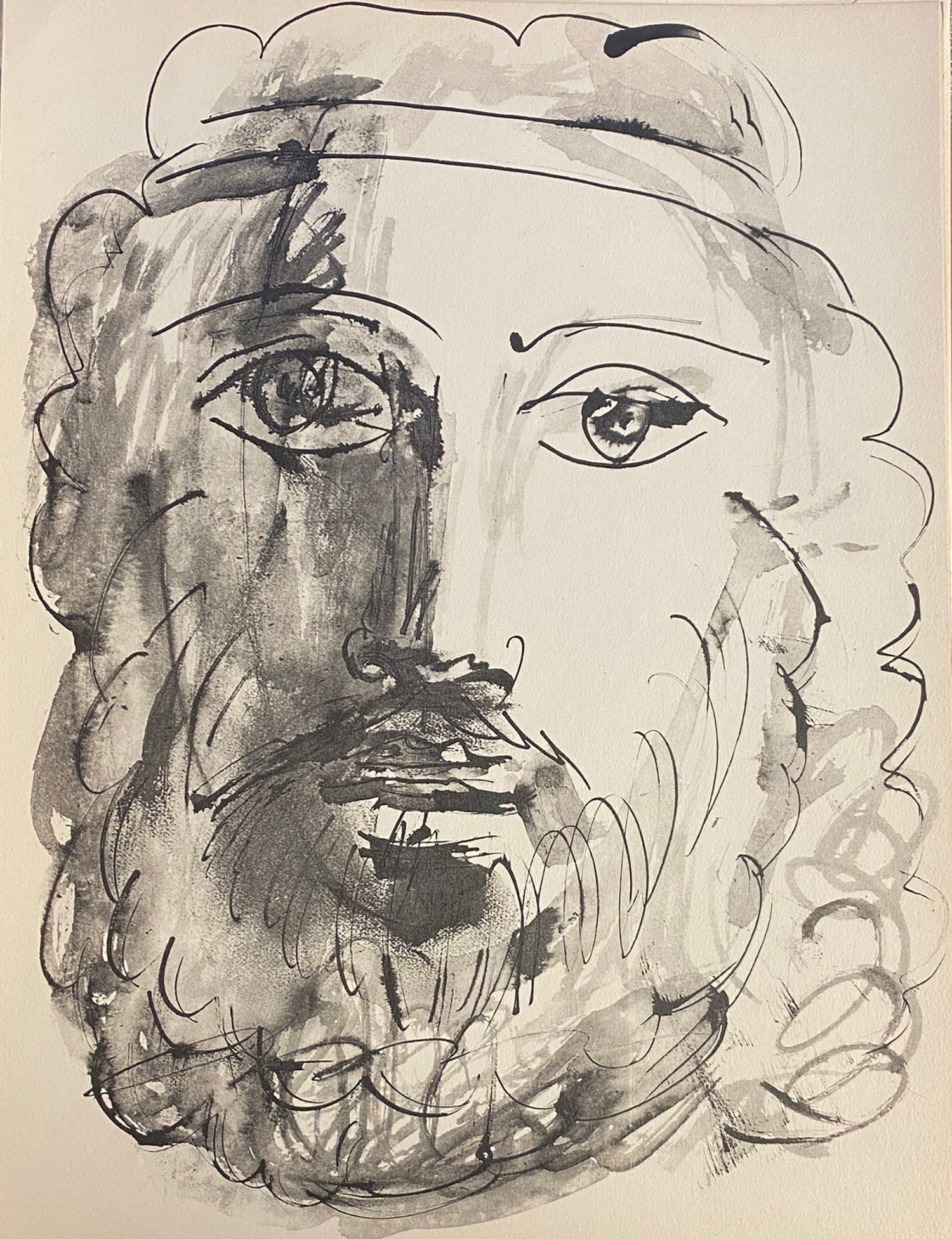 Pablo Picasso; Visage d’homme au bandeau trait et lavis zoom