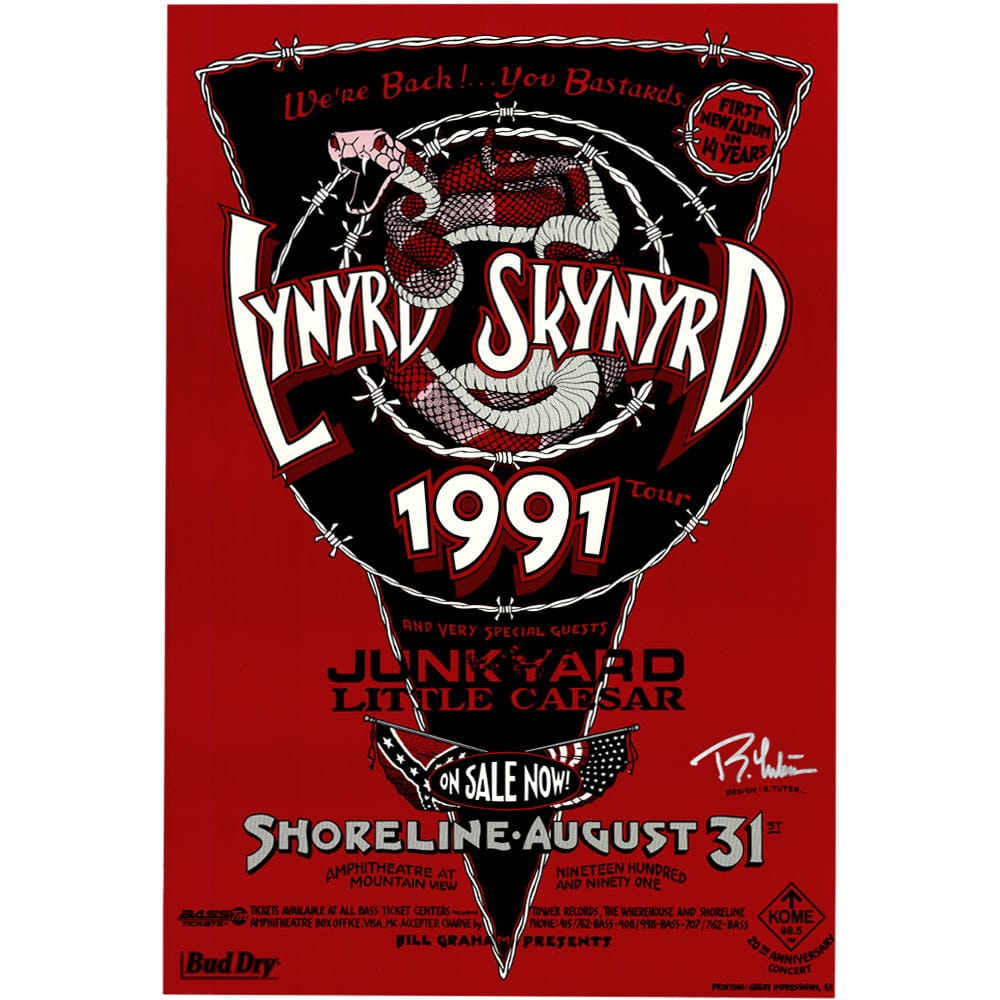 Lynyrd Skynyrd: Shoreline Amphitheater 1991, Original Hand Signed Poster Art Gold & Silver Pawn Shop