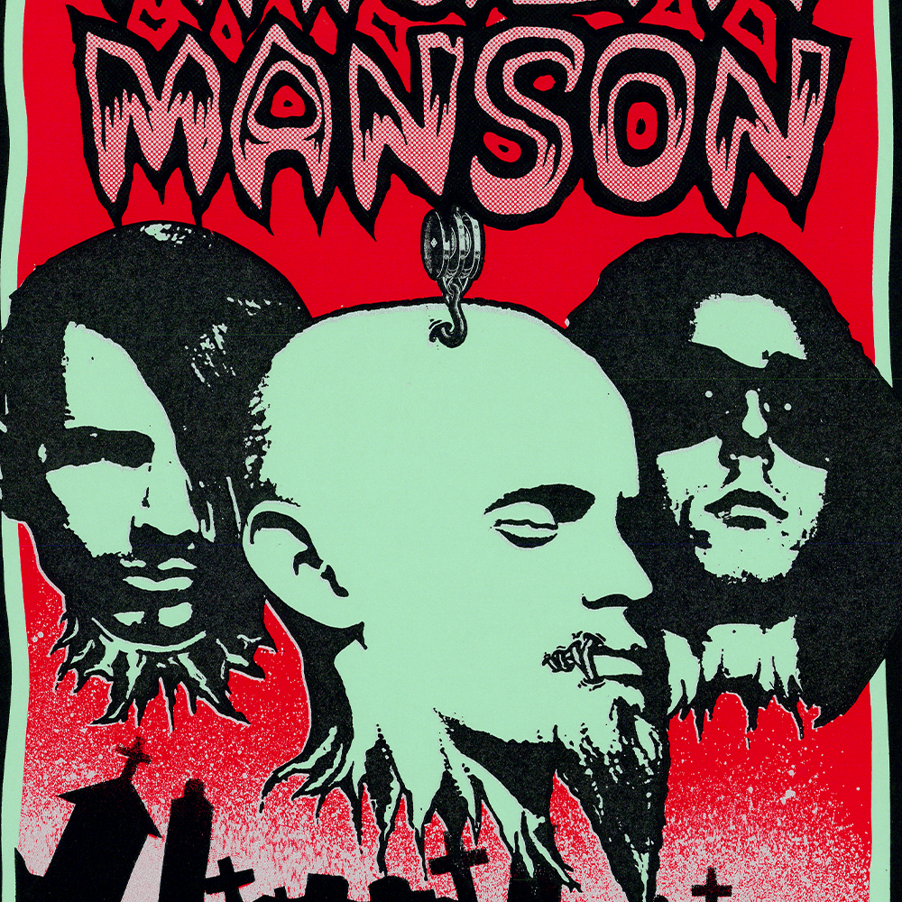 Closeup detail of shrunken heads on Original Marilyn Manson Concert poster by Mark Arminski