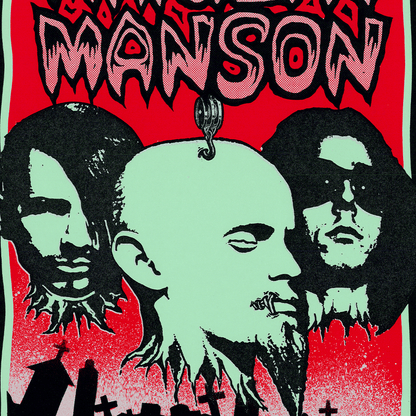 Closeup detail of shrunken heads on Original Marilyn Manson Concert poster by Mark Arminski