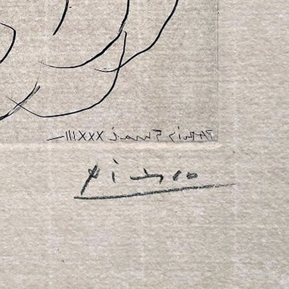 Detailed view of backlit Montval Laid Paper with etching impression and Picasso's signature