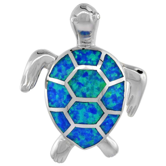 Sterling Silver Synthetic Opal Sea Turtle Pendant 