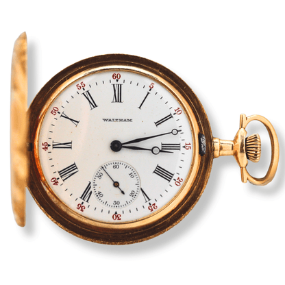 Waltham Riverside Full Hunter Gold Pocket Watch Dial View Zoomed