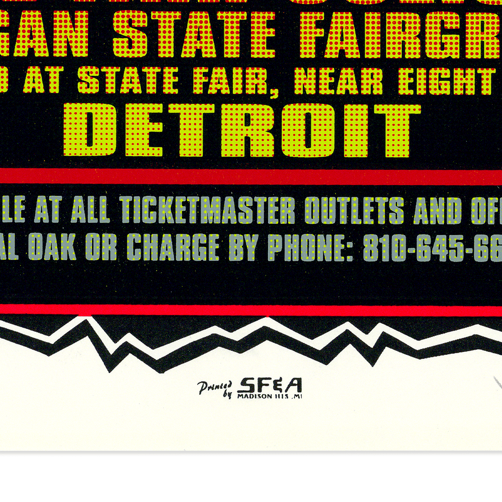 Printing details by SF&A, Madison on bottom of 1995 White Zombie at Detroit State Fair Coliseum Poster by Mark Arminski