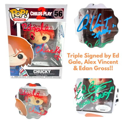 Chucky Funko Pop #56 Signed X3 Ed Gale Alex Vincent Edan Gross JSA COA Autographed Child's Play Funko Pop Inscriptagraphs Memorabilia