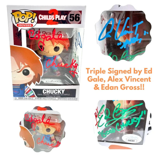 Chucky Funko Pop #56 Signed X3 Ed Gale Alex Vincent Edan Gross JSA COA Autographed Child's Play Funko Pop Inscriptagraphs Memorabilia