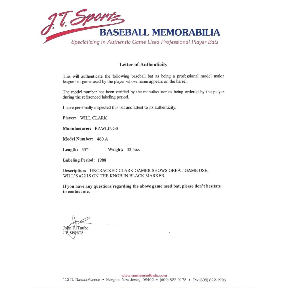 Will Clark Game Used 1988 Rawlings Baseball Bat San Francisco Giants Jt Sports COA Rollie Fingers Personal Inscriptagraphs Memorabilia