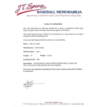 Will Clark Game Used 1988 Rawlings Baseball Bat San Francisco Giants Jt Sports COA Rollie Fingers Personal Inscriptagraphs Memorabilia