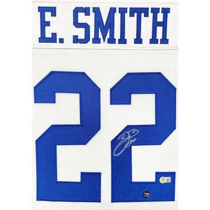 Emmitt Smith Autographed Dallas Cowboys Jersey Framed BAS Prova Signed White framed jersey Inscriptagraphs Memorabilia