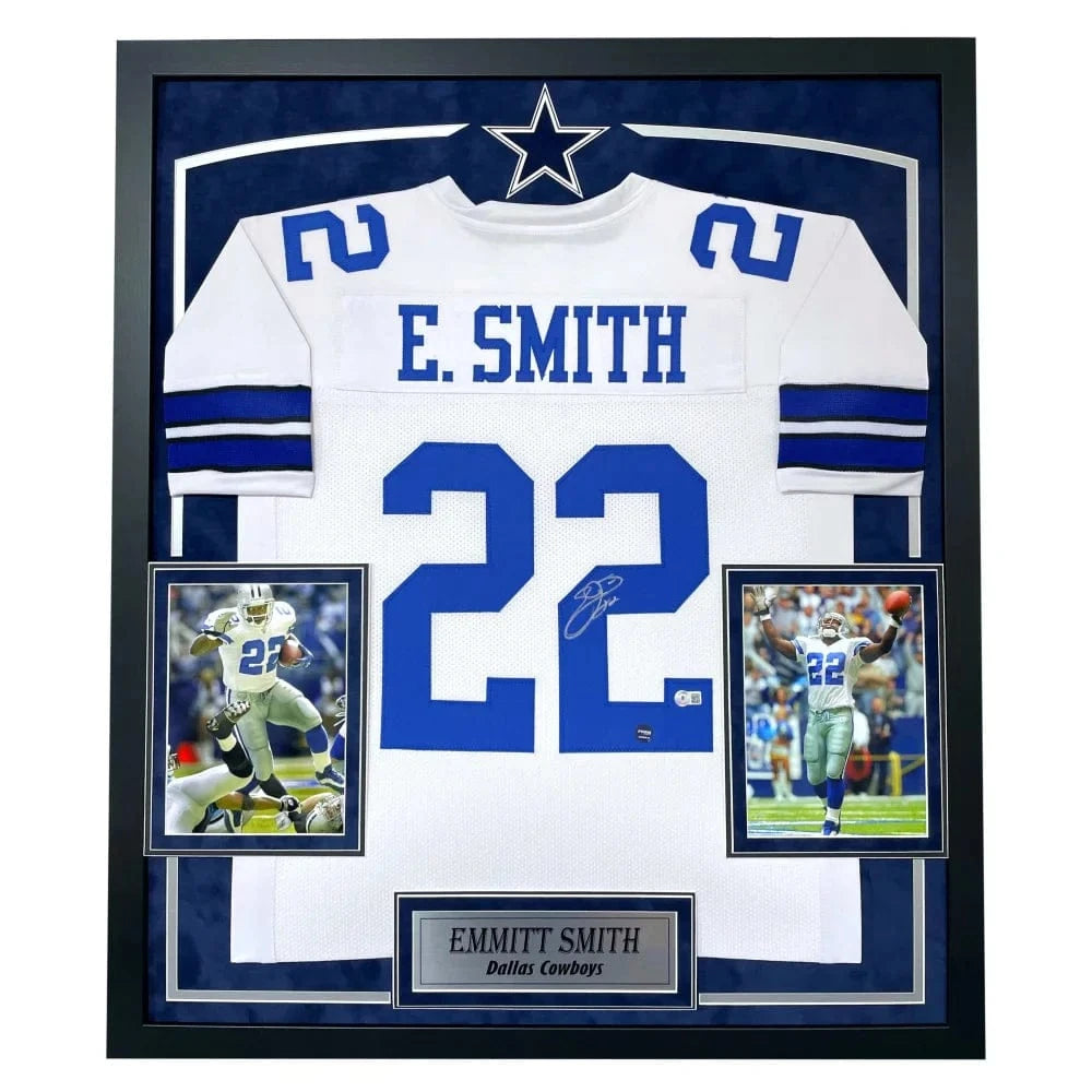 Emmitt Smith Autographed Dallas Cowboys Jersey Framed BAS Prova Signed White framed jersey Inscriptagraphs Memorabilia