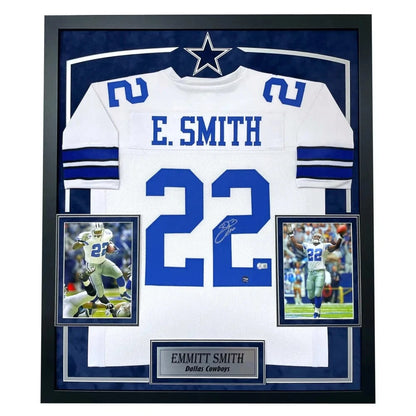 Emmitt Smith Autographed Dallas Cowboys Jersey Framed BAS Prova Signed White framed jersey Inscriptagraphs Memorabilia