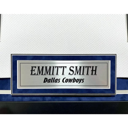 Emmitt Smith Autographed Dallas Cowboys Jersey Framed BAS Prova Signed White framed jersey Inscriptagraphs Memorabilia