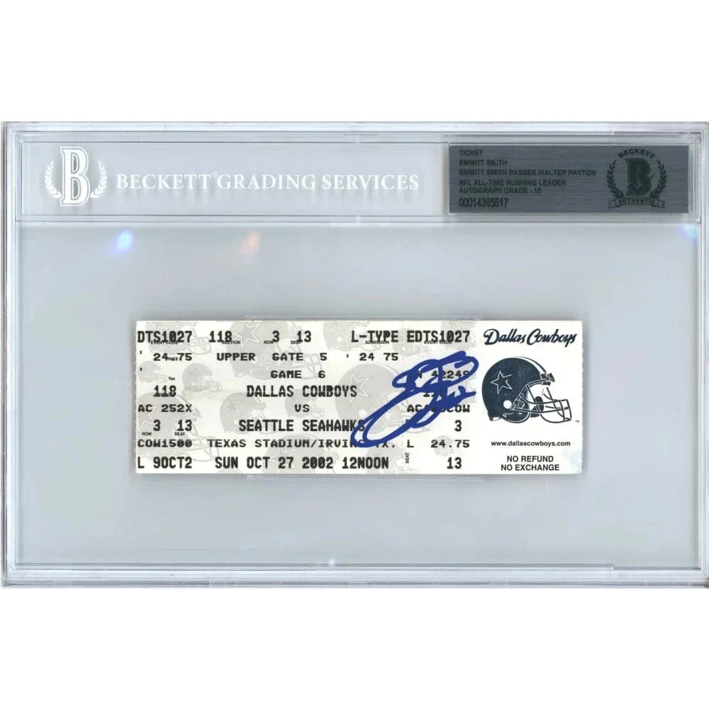 Emmitt Smith Signed Dallas Cowboys Rushing Record Breaking Ticket 10/27/02 BAS 10 Autograph Ticket Inscriptagraphs Memorabilia
