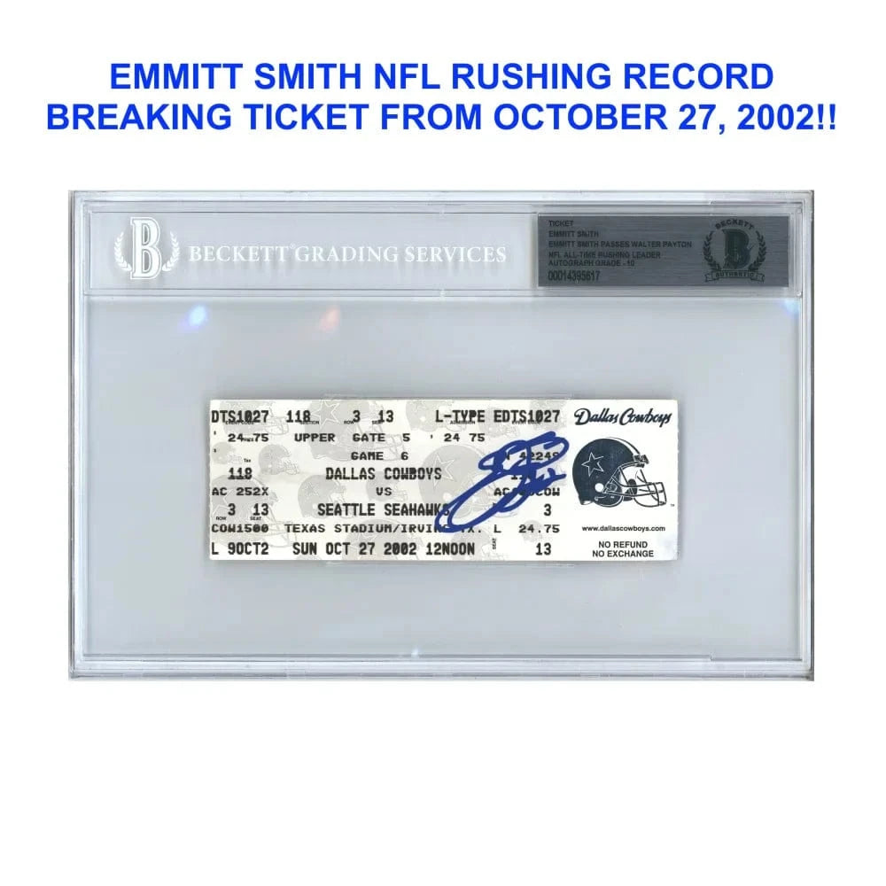 Emmitt Smith Signed Dallas Cowboys Rushing Record Breaking Ticket 10/27/02 BAS 10 Autograph Ticket Inscriptagraphs Memorabilia