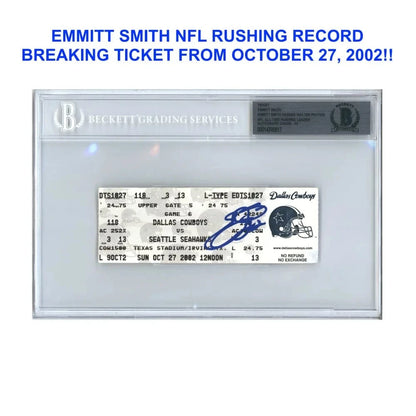 Emmitt Smith Signed Dallas Cowboys Rushing Record Breaking Ticket 10/27/02 BAS 10 Autograph Ticket Inscriptagraphs Memorabilia