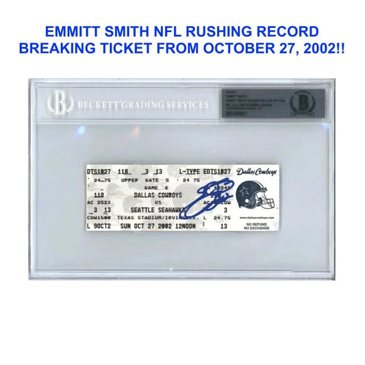 Emmitt Smith Signed Dallas Cowboys Rushing Record Breaking Ticket 10/27/02 BAS 10 Autograph Ticket Inscriptagraphs Memorabilia