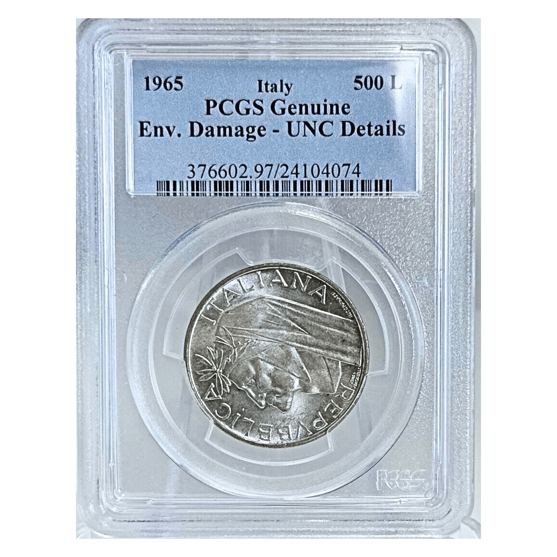 1965 Italy PCGS Genuine Env. Damage-UNC Details 500 L Gold & Silver Pawn Shop