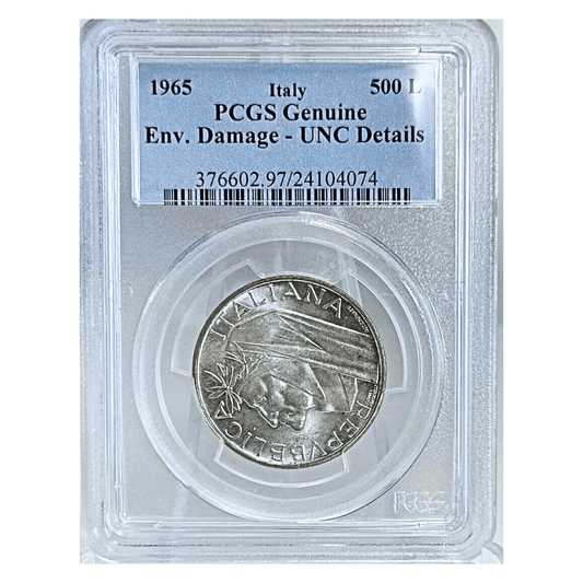 1965 Italy PCGS Genuine Env. Damage-UNC Details 500 L Gold & Silver Pawn Shop