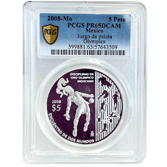 2008-Mo PCGS PR65DCAM Mexico Juego de Pelota Olympics 5 Peso Gold & Silver Pawn Shop