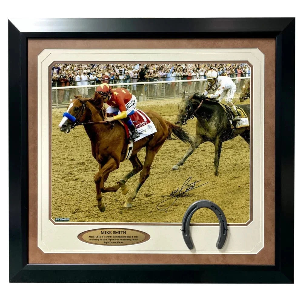Mike Smith Signed Justify 16x20 Photo Framed Steiner COA Triple Crown Horse Autograph Belmont Photo Inscriptagraphs Memorabilia