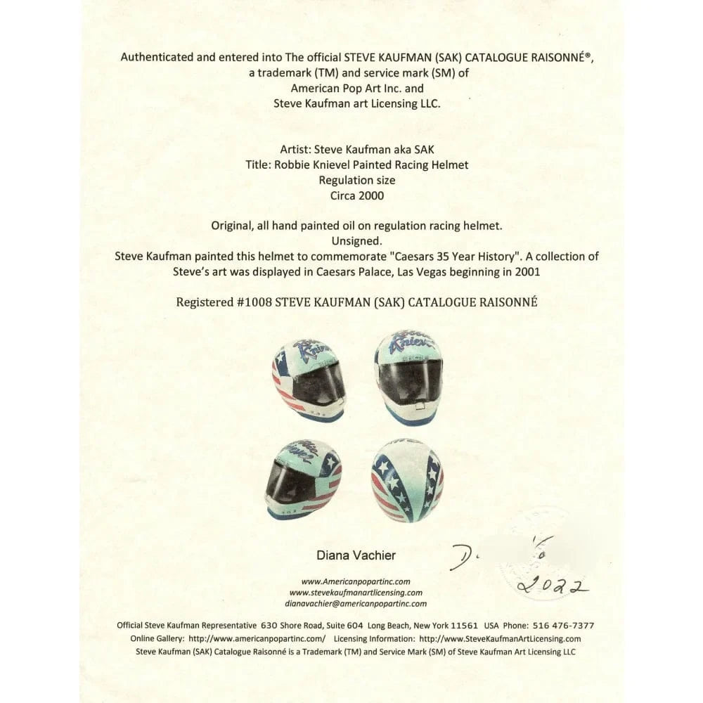 Robbie Knievel Original Steve Kaufman Hand Painted Helmet Artwork 1/1 Caesars Palace Las Vegas Inscriptagraphs Memorabilia