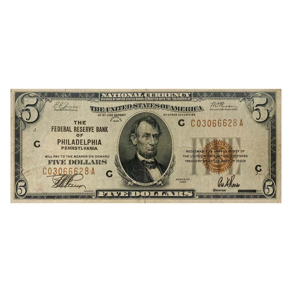 1929 The Federal Bank of Philadelphia Pennsylvania $5 Bill Thumbnail 