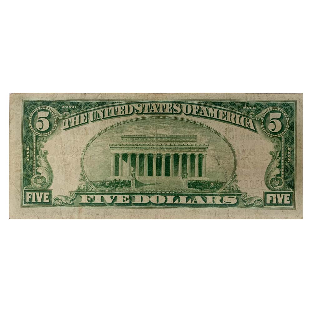 1929 The Federal Bank of Philadelphia Pennsylvania $5 Bill Back