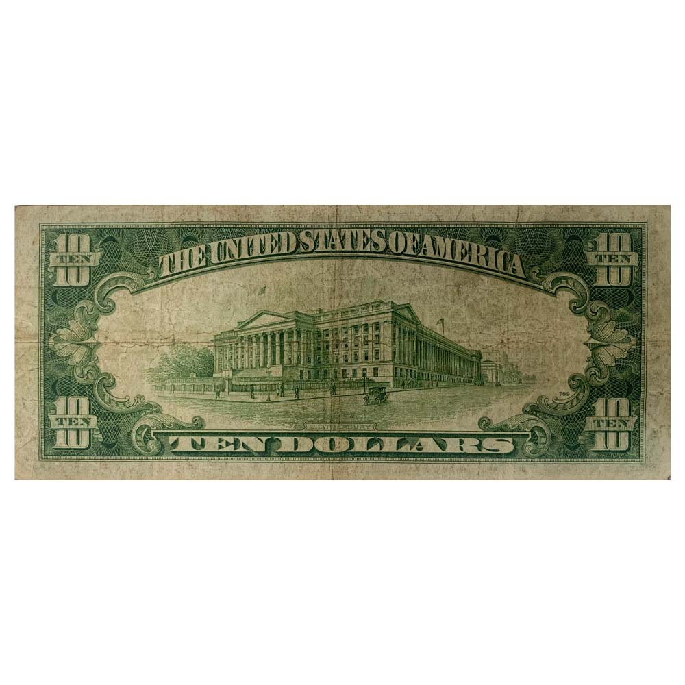 1934-A Series $10 Silver Certificate Yellow Seal Reverse