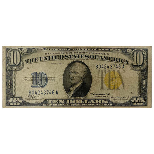 1934-A Series $10 Silver Certificate Yellow Seal Front