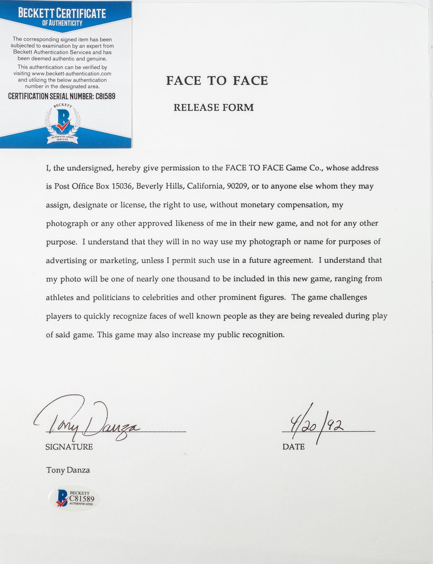 Face to Face Board Game Celebrity Autograph- Tony Danza