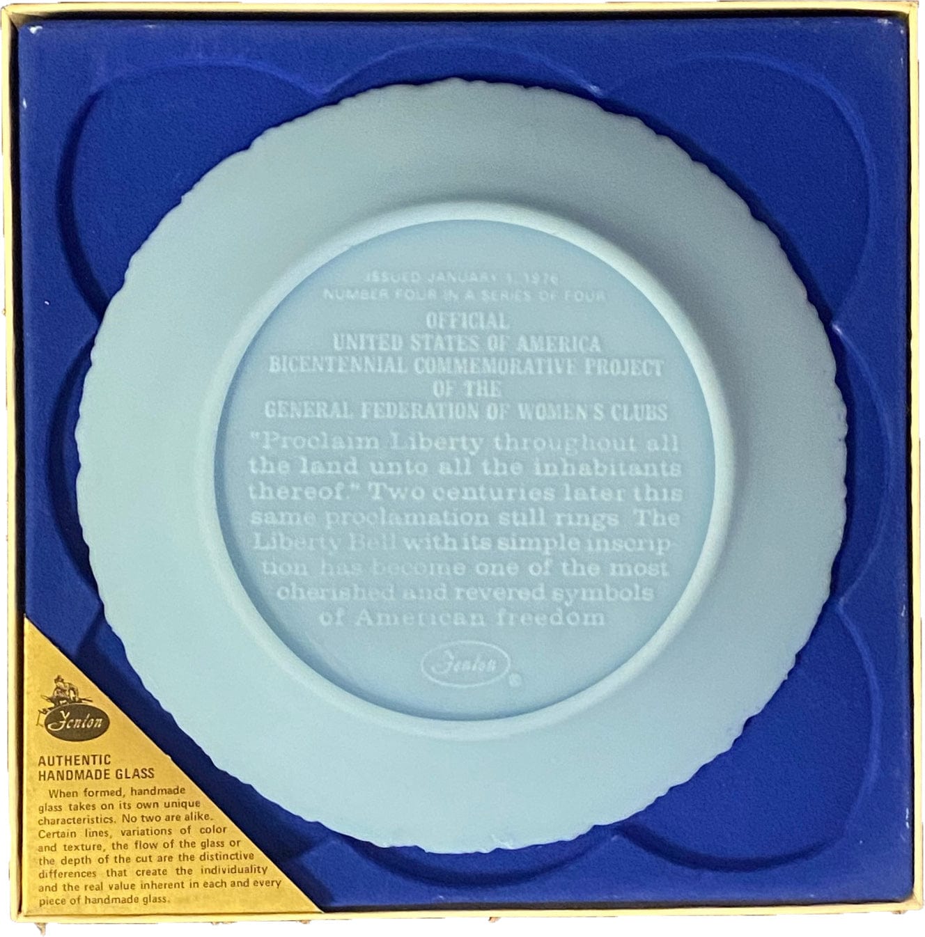 1976 Fenton Blue Bicentennial Plate, A Portrait of Liberty, Number 4