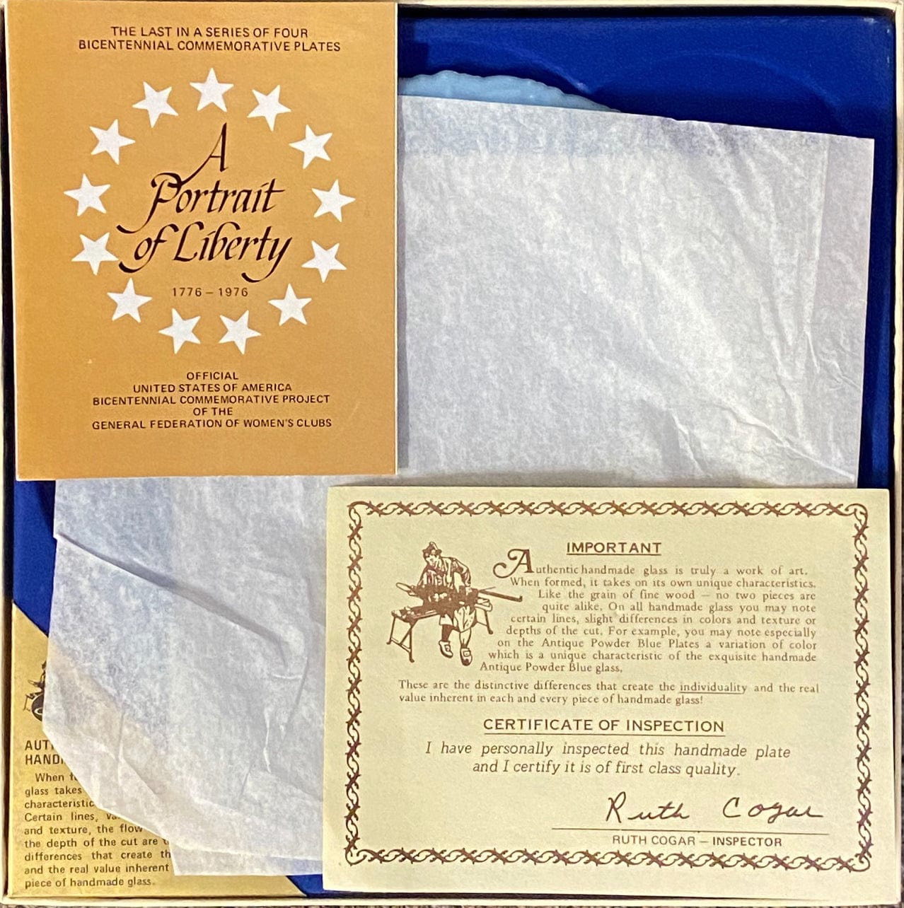 1976 Fenton Blue Bicentennial Plate, A Portrait of Liberty, Number 4