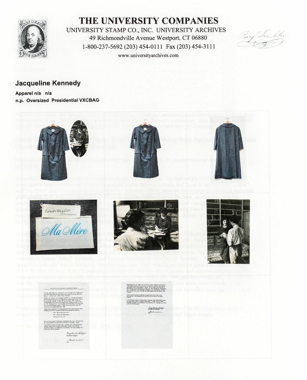 Jackie Kennedy Maternity Dress certificate of authority. As seen on Pawn Stars.