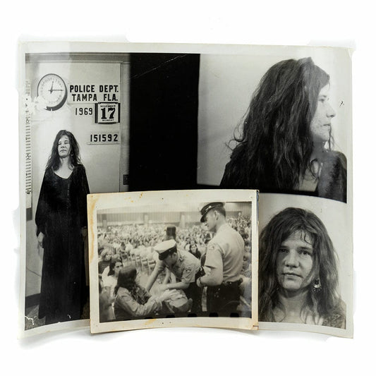 Janis Joplin Thumb- Front view of mug shot and proof of officers at concert.