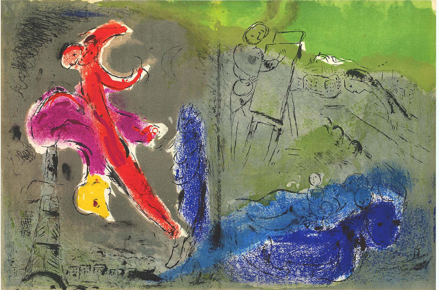 Marc Chagall; Vision de Paris: Le peintre, ses modeles, la Tour Eiffel lithograph  Verve – Vol 7. No. 27