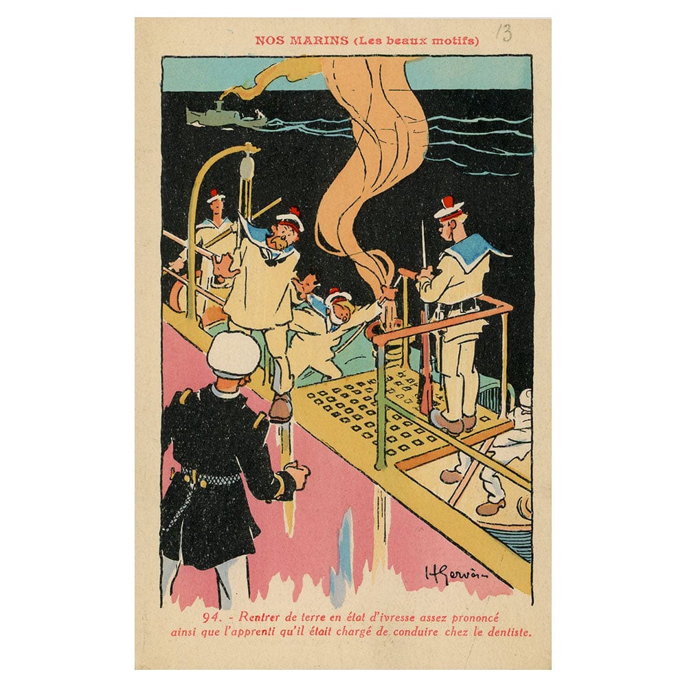 1910s FRENCH WWI Postcard - 94 Rantrer de terre en etat d'ivresse assez prononce ainsi que l'apprenti qu'il etait charge de conduire chez le dentiste