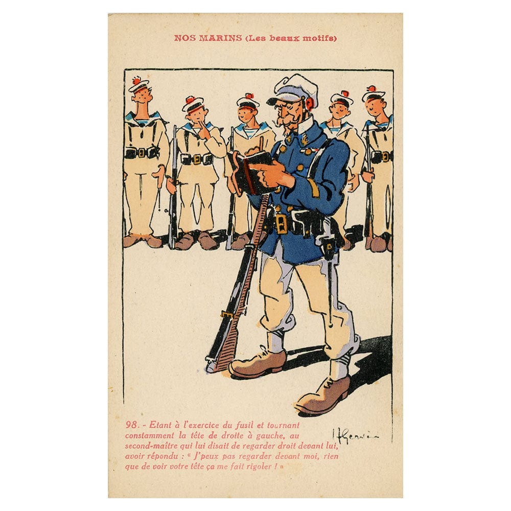 1910s FRENCH WWI Postcard - 98 Etant a l'exercice du fusil et tournant constamment la tete de droite a gauche...