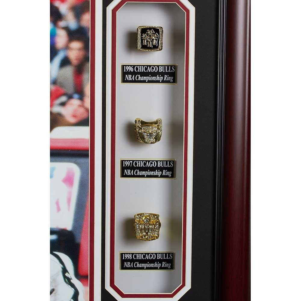 Michael Jordan Chicago Bulls 32x36 Custom Framed Jersey with (2) Replica  Championship Rings